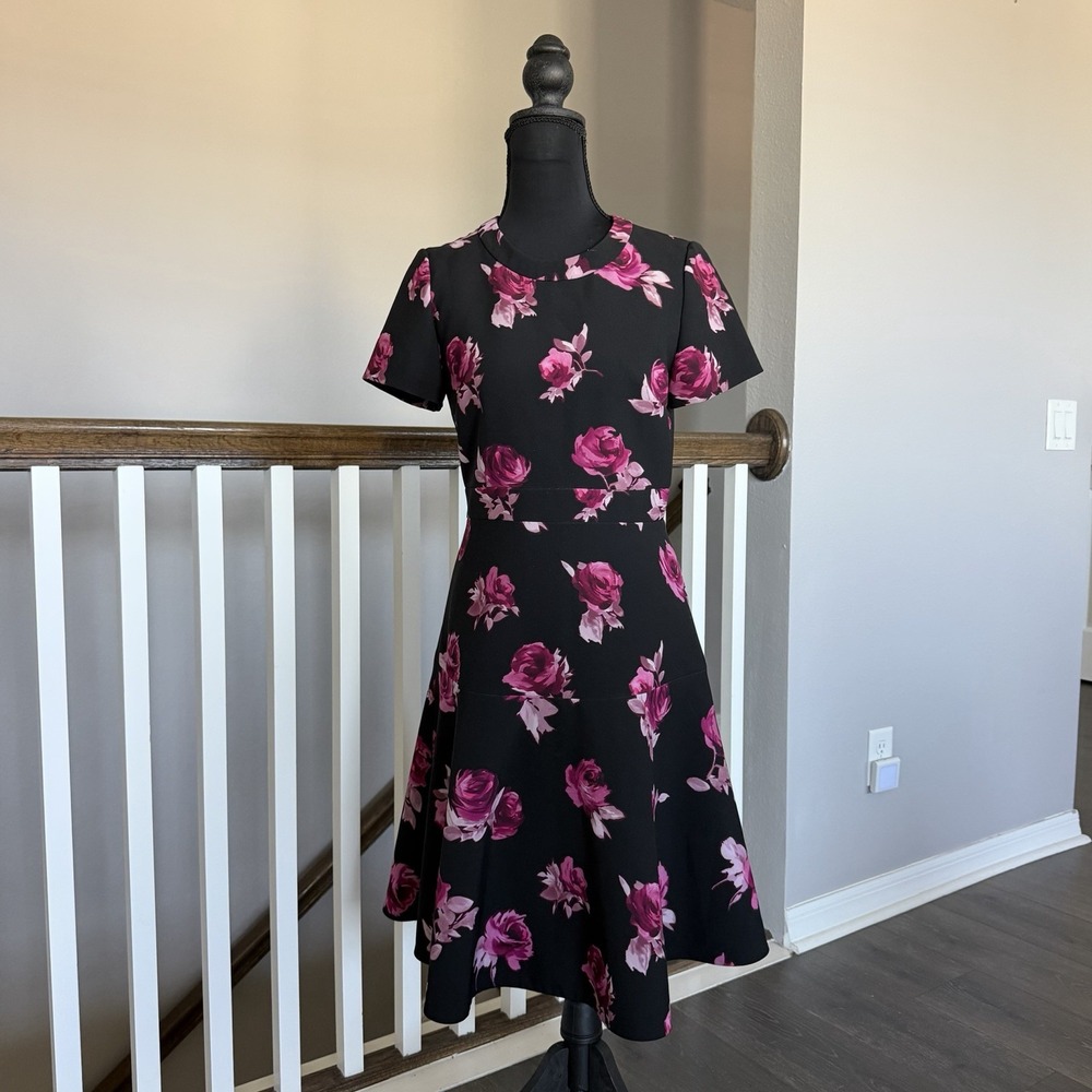 Kate Spade Encore Rose Crepe Dress 4 Black Floral Fit & Flare Romantic Cocktail